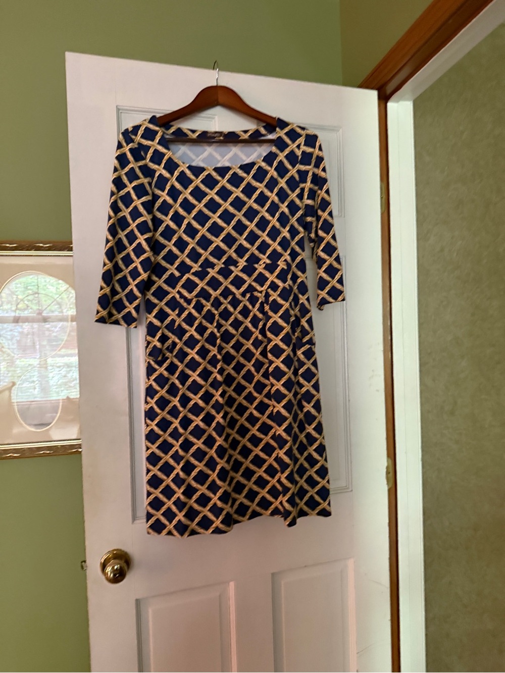 J McLaughlin Navy Blue Dress with Gold Lattice Print size M